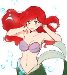 Rule 34 | 1girl, 5rwpvc, ariel (disney), armpits, bare arms, blue eyes, blush, breasts, collarbone, highres, large breasts, long hair, mermaid, monster girl, parted lips, red hair, shell, shell bikini, simple background, smile, solo, the little mermaid, very long hair, white background