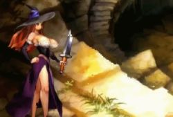 Rule 34 | 1girl, animated, animated gif, attack, bare legs, bare shoulders, bouncing breasts, breasts, brown hair, cleavage, curvy, detached sleeves, dragon&#039;s crown, dress, female focus, full body, hat, holding, holding knife, holding weapon, huge breasts, knife, long hair, lunging, motion blur, open mouth, outdoors, shoes, side slit, skirt, solo, witch, sorceress (dragon&#039;s crown), stab, standing, thighs, vanillaware, weapon, wide hips, witch hat