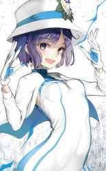 Rule 34 | 1girl, :d, absurdres, blue neckwear, blush, breasts, capelet, clothes writing, commentary request, dress, flower, gloves, hands up, hat, hat flower, hat ribbon, highres, long sleeves, looking at viewer, nyatabe, open mouth, purple eyes, purple hair, ribbon, short hair, small breasts, smile, solo, suntory, suntory nomu, upper body, virtual youtuber, white dress, white gloves, white hat