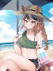 Rule 34 | 1girl, absurdres, alternate costume, alternate hairstyle, animal ears, bare shoulders, beach, bikini, black nails, blue sky, blush, braid, braided ponytail, brown hair, closed mouth, commentary request, crossed legs, earrings, ears through headwear, food, hair between eyes, hat, highres, holding, holding food, holding popsicle, horse ears, horse girl, horse tail, jewelry, long hair, looking at viewer, multicolored hair, narusawa (njzc2582), navel, necklace, ocean, outdoors, outstretched arm, popsicle, purple eyes, sand, single-shoulder bikini, single earring, sky, smile, solo, streaked hair, sun hat, swimsuit, symboli rudolf (umamusume), tail, umamusume, umbrella, water, white hair
