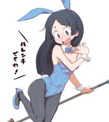 Rule 34 | 10s, 1girl, akita (20033203), animal ears, barbara parker, bare shoulders, black eyes, black hair, blush, bow, bowtie, broom, detached collar, embarrassed, fake animal ears, high heels, leotard, little witch academia, long hair, multiple girls, open mouth, pantyhose, playboy bunny, rabbit ears, rabbit tail, simple background, solo, tail, white background, wrist cuffs