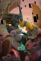 Rule 34 | 1boy, 1girl, absurdres, animal penis, barefoot, blonde hair, blue eyes, breasts, colored sclera, demon girl, dog penis, dusk, feet, full body, helmet, highres, hooves-art, large breasts, link, long hair, midna, navel, nintendo, nipples, open mouth, outdoors, penis, pointy ears, red eyes, shortstack, smile, smug, the legend of zelda, the legend of zelda: twilight princess, thick thighs, thighs, toes, tongue, tongue out, twilight, uncensored, wide hips, wolf, wolf link, yellow sclera