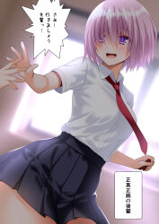 Rule 34 | 1girl, alternate costume, black skirt, blush, collared shirt, commentary request, engo (aquawatery), fate/grand order, fate (series), hair over one eye, highres, looking at viewer, mash kyrielight, necktie, open mouth, pink hair, pleated skirt, purple eyes, red necktie, shirt, short hair, short sleeves, skirt, smile, solo, teeth, translation request, upper teeth only, white shirt