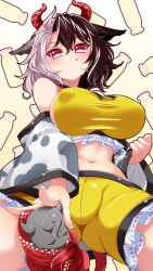 Rule 34 | 1girl, :p, animal ears, animal print, black hair, bottle, breasts, commentary request, covered erect nipples, cow ears, cow horns, cow print, cow tail, crop top, frilled shorts, frills, from below, grey hair, haori, highres, horns, japanese clothes, large breasts, milk bottle, muchin jousha, multicolored hair, navel, red eyes, red horns, red tail, shorts, smile, solo, split-color hair, statue, tail, tongue, tongue out, touhou, two-tone hair, ushizaki urumi, wily beast and weakest creature, yellow shorts