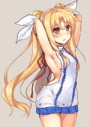 Rule 34 | 1girl, aran sweater, arched back, armpits, arms up, backless dress, backless outfit, blonde hair, blush, breasts, brown eyes, cable knit, cowboy shot, dress, fate testarossa, grey background, hair ribbon, halterneck, highres, long hair, looking at viewer, lyrical nanoha, mahou shoujo lyrical nanoha, medium breasts, meme attire, naked sweater, parted bangs, parted lips, raiou, ribbon, sideboob, simple background, solo, standing, sweater, sweater dress, tears, thighs, turtleneck, turtleneck sweater, twintails, very long hair, virgin killer sweater, white ribbon, white sweater