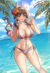 Rule 34 | 1girl, absurdres, alternate costume, animal ears, bare shoulders, beach, bikini, blue archive, blue sky, blush, breasts, brown eyes, brown hair, candy, cleavage, cloud, collarbone, commentary, cowboy shot, day, english commentary, fake animal ears, flower, food, front-tie top, groin, gun, hair flower, hair ornament, halo, halterneck, handgun, hibiscus, highres, holding, holding candy, holding food, holding lollipop, holding weapon, large breasts, leaf, licking lips, lollipop, long hair, looking at viewer, moe (blue archive), navel, outdoors, pom pom (clothes), pom pom hair ornament, q2 qee, rabbit ears, scrunchie, side-tie bikini bottom, sky, smile, solo, standing, stomach, string bikini, swimsuit, tongue, tongue out, twintails, water, weapon, wet, wrist scrunchie, yellow eyes