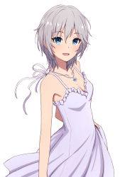 Rule 34 | 10s, 1girl, :d, anastasia (idolmaster), arm at side, bare arms, bare shoulders, blue eyes, blush, breasts, cleavage, collarbone, cowboy shot, dress, eyelashes, frilled dress, frills, highres, idolmaster, idolmaster cinderella girls, jewelry, looking at viewer, necklace, open mouth, pendant, pink dress, short hair, silver hair, skirt hold, sleeveless, sleeveless dress, small breasts, smile, solo, yahiro (epicopeiidae)