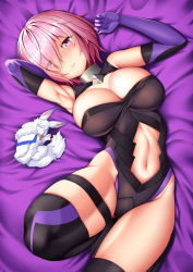 Rule 34 | 1girl, armpits, bare shoulders, black thighhighs, breasts, cleavage, clothing cutout, commentary request, elbow gloves, eyes visible through hair, fate/grand order, fate (series), fou (fate), gloves, hair over one eye, large breasts, light purple hair, looking at viewer, lying, mash kyrielight, navel, navel cutout, on back, parted lips, purple eyes, short hair, solo, teeth, thighhighs, thighs, zukky