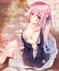 Rule 34 | 10s, 1girl, :o, ahoge, bare shoulders, black ribbon, blue hair, blush, breasts, cleavage, clothes lift, collarbone, downblouse, eyebrows, floral print, flower, from above, from side, gradient hair, hair between eyes, hair flower, hair ornament, hair ribbon, haori, harusame (kancolle), highres, japanese clothes, kantai collection, kimono, kimono lift, kimono pull, leaf, long hair, looking at viewer, loose clothes, maple leaf, medium breasts, messy hair, multicolored hair, off shoulder, on ground, open mouth, pavement, pink eyes, pink hair, ribbon, ringo sui, side ponytail, sidelocks, sitting, soaking feet, solo, steam, stream, very long hair, water drop, wet, wet hair, wide sleeves, yukata
