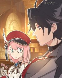 Rule 34 | 1boy, 1girl, 2134twone, :/, black hair, charlotte (genshin impact), closed mouth, earrings, game screenshot background, genshin impact, girl staring at guys chest (meme), height difference, jewelry, looking at another, looking at pectorals, meme, monocle, parody, pink hair, prison, red headwear, sweatdrop, twitter username, upper body, v-shaped eyebrows, wriothesley (genshin impact), writing