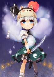 Rule 34 | 1girl, :&lt;, blue eyes, child, female focus, ghost, hat, katana, konpaku youmu, nanarinca, scabbard, sheath, sheathed, short hair, silver hair, skirt, solo, sword, tassel, touhou, weapon