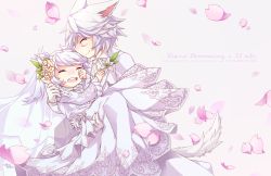 Rule 34 | 10s, 1boy, 1girl, animal ears, bridal veil, carrying, cat ears, cat tail, closed eyes, dress, final fantasy, final fantasy xiv, gloves, lalafell, miqo&#039;te, pointy ears, princess carry, rue (ruenis chronowing), silver hair, tail, veil, warrior of light (ff14), wedding dress, white dress
