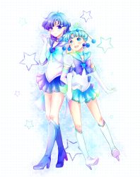 Rule 34 | 1990s (style), 2girls, bishoujo senshi sailor moon, bishoujo senshi sailor moon supers, blue eyes, blue footwear, blue hair, blue sailor collar, blue skirt, blue theme, boots, bow, brooch, choker, color connection, full body, gloves, heart, heart brooch, high heels, jewelry, knee boots, magical girl, mizuno ami, multiple girls, pallapalla (sailor moon), pleated skirt, retro artstyle, ribbon, sailor collar, sailor mercury, sailor pallas, sailor senshi, shoes, short hair, skirt, star (symbol), star brooch, super sailor mercury, tiara, torao (torakmn), white gloves