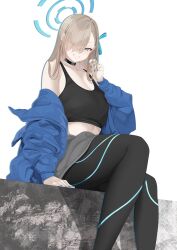 Rule 34 | 1girl, absurdres, alternate costume, aqua ribbon, asuna (blue archive), bad id, bad pixiv id, bare shoulders, black pants, black sports bra, blue archive, blue jacket, blue nails, breasts, cleavage, feet out of frame, grey eyes, grey hair, hair ornament, hair over one eye, hair ribbon, halo, hand up, highres, jacket, large breasts, long hair, long sleeves, looking at viewer, nail polish, one eye covered, open clothes, open jacket, pants, parted lips, ribbon, sitting, smile, sports bra, thighs, tnr (horiko1525)