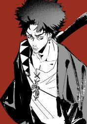 Rule 34 | 1boy, bear, collarbone, earrings, facial hair, greyscale, greyscale with colored background, highres, japanese clothes, jewelry, katana, looking at viewer, looking up, monochrome, mugen (samurai champloo), nanase miri, red background, samurai champloo, simple background, sketch, solo, stubble, sword, weapon