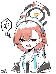 Rule 34 | 1girl, ahoge, anger vein, artist name, blue archive, braid, collarbone, dated, fang, highres, huge ahoge, jacket, long sleeves, maid, maid headdress, mole, mole under eye, myeolchi, neru (blue archive), open clothes, open jacket, open mouth, red eyes, red hair, short hair, signature, simple background, single braid, solo, sukajan, upper body, white background