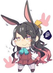 Rule 34 | 10s, 1girl, animal ears, ascot, black hair, blush, commentary request, dress, eyebrows, flying sweatdrops, hair ribbon, hands on own hips, kantai collection, kemonomimi mode, long hair, looking to the side, lowres, multicolored hair, naganami (kancolle), pantyhose, pekeko (pepekekeko), pinafore dress, pink hair, rabbit, rabbit ears, ribbon, sidelocks, sketch, sleeveless dress, solo, spoken squiggle, squiggle, sweat, yellow eyes