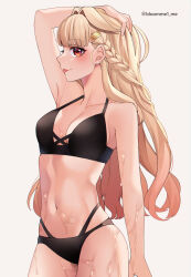 Rule 34 | 1girl, bare arms, bare legs, bare shoulders, bikini, black bikini, blonde hair, blush, braid, breasts, collarbone, cowboy shot, hair ornament, hairclip, highres, kantai collection, kozu (bloomme1 me), long hair, medium breasts, navel, red eyes, simple background, smile, solo, swimsuit, tongue, tongue out, twitter username, wet, white background, yuudachi (kancolle), yuudachi kai ni (kancolle)