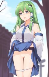Rule 34 | 1girl, bare shoulders, blue eyes, blue skirt, blue sky, blush, breasts, censored, clothes lift, cloud, commentary request, cowboy shot, day, detached sleeves, frog hair ornament, green hair, groin, hair ornament, hair tubes, highres, kochiya sanae, lifted by self, long hair, long sleeves, looking away, medium breasts, miyo (ranthath), mosaic censoring, open mouth, outdoors, panties, panty pull, peeking, pussy, shirt, sidelocks, skirt, skirt lift, sky, snake hair ornament, solo, standing, sweat, thigh gap, thighs, touhou, tree, underwear, viewfinder, voyeurism, white panties, white shirt, wide sleeves