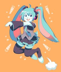 Rule 34 | 1girl, :d, absurdres, animal ears, animal nose, aqua eyes, aqua hair, aqua necktie, bad id, bad twitter id, blush, buck teeth, carrot, commentary, detached sleeves, english commentary, floating, full body, furrification, furry, furry female, grey shirt, hatsune miku, highres, looking at viewer, necktie, open mouth, orange background, rabbit ears, rabbit girl, rabbit tail, shirt, skirt, sleeveless, sleeveless shirt, smile, solo, sorrysap, tail, teeth, thighhighs, vocaloid