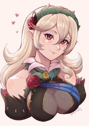 Rule 34 | 1girl, bare shoulders, blonde hair, breasts, cleavage, corrin (female) (fire emblem), corrin (fire emblem), evomanaphy, fire emblem, fire emblem fates, fire emblem heroes, flower, hair between eyes, hair flower, hair ornament, heart, highres, large breasts, long hair, looking at viewer, medium breasts, nintendo, official alternate costume, pointy ears, red eyes, slit pupils, smile, solo, thorns, twitter username, white background