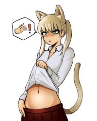 Rule 34 | 1girl, animal ears, blonde hair, blush, cat ears, cat girl, clothes lift, colorized, donburi (donburikazoku), green eyes, groin, lifting own clothes, long hair, looking at viewer, maka albarn, navel, open mouth, shirt lift, simple background, skirt, solo, soul eater, speech bubble, tail, third-party source, transparent background, twintails, white background