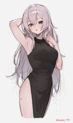 Rule 34 | 1girl, absurdres, arm behind head, armpits, artist name, bare arms, blue eyes, blush, breasts, commentary request, commission, dress, grey hair, hair between eyes, highres, large breasts, long hair, looking at viewer, mole, mole on thigh, open mouth, original, pelvic curtain, pixiv commission, sanyu (ry thae), simple background, sleeveless, sleeveless dress, solo, sooon, white background