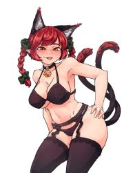 Rule 34 | 1girl, animal ears, bell, black bra, black panties, black thighhighs, blush, bow, bra, braid, breasts, cat ears, cat tail, choker, cleavage, extra ears, hair bow, hand on own hip, highres, hyoutan tan, jingle bell, kaenbyou rin, large breasts, long hair, looking at viewer, multiple tails, navel, neck bell, panties, pointy ears, red eyes, red hair, solo, tail, thighhighs, thighs, tongue, tongue out, touhou, twin braids, two tails, underwear