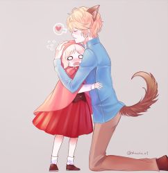 Rule 34 | 1boy, 1girl, age difference, aged down, animal ears, big bad wolf (cosplay), blonde hair, blue jacket, cape, child, cosplay, diabolik lovers, dress, flying sweatdrops, frills, full body, grey background, heart, hood, hug, jacket, komori yui, little red riding hood, little red riding hood (grimm), little red riding hood (grimm) (cosplay), manmosu, open mouth, pants, petite, rejet, sakamaki shuu, shoes, simple background, size difference, socks, standing, tail, twitter username, wolf ears, wolf tail