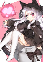 Rule 34 | 1girl, animal hat, azur lane, black bow, black bowtie, black cloak, black dress, bow, bowtie, cloak, closed mouth, commentary request, corset, cross, cross necklace, cross print, dress, erebus (azur lane), erebus (illusory happiness) (azur lane), fingernails, frilled hat, frills, fur-trimmed cloak, fur trim, garter straps, hat, head tilt, heart, jewelry, long hair, long sleeves, looking at viewer, machinery, necklace, no shoes, outstretched arm, print dress, puffy long sleeves, puffy sleeves, red eyes, sidelocks, silver hair, sitting, solo, sparkle, tareme, tengxiang lingnai, thighhighs, white thighhighs