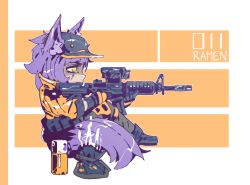 Rule 34 | 1girl, aiming, animal ears, artist name, assault rifle, boots, commentary, english commentary, finger on trigger, from side, gloves, gun, hat, holding, holding gun, holding weapon, jacket, monster girl, original, pants, purple hair, ramenwarwok, rifle, scar, scar across eye, scar on face, scope, sitting, solo, tactical clothes, tail, weapon, weapon request, wolf ears, wolf tail, yellow eyes
