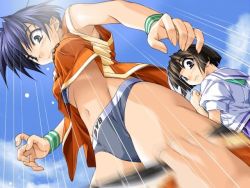 Rule 34 | 00s, 2girls, armpits, assisted exposure, black eyes, black hair, black panties, blue hair, blunt bangs, blush, bob cut, bra, character request, clothes pull, cloud, day, dutch angle, embarrassed, from below, game cg, grey eyes, hashimoto takashi, jersey, lingerie, looking back, looking down, looking up, midriff, motion blur, multiple girls, navel, non-web source, outdoors, panties, pants, pants pull, pantsing, pov, pulling another&#039;s clothes, school uniform, serafuku, short hair, shorts, shorts pull, sky, surprised, sweatdrop, tanaka saeko, tomboy, underwear, undressing, with you, wristband