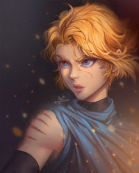 Rule 34 | 1girl, al santos, bare shoulders, blonde hair, blue eyes, castlevania (series), castlevania (netflix), castlevania iii: dracula&#039;s curse, eyelashes, floating hair, hair between eyes, highres, light particles, looking away, looking to the side, parted lips, portrait, scar, short hair, solo, sypha belnades, turtleneck