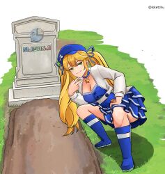 Rule 34 | 1girl, absurdres, blonde hair, blue choker, blue dress, blue footwear, blue headwear, boots, breasts, choker, cleavage cutout, closed mouth, clothing cutout, commentary, cropped jacket, dokibird (vtuber), dress, english commentary, full body, grant gustin next to oliver queen&#039;s grave (meme), grass, grave, graveyard, green eyes, highres, indie virtual youtuber, jacket, large breasts, layered dress, long hair, looking at viewer, lsketchu, meme, nijisanji, open clothes, open jacket, pleated dress, smile, solo, squatting, star (symbol), star choker, tombstone, twintails, twitter username, v, very long hair, virtual youtuber, white jacket