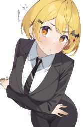 Rule 34 | 1girl, absurdres, anger vein, arm under breasts, bat hair ornament, black jacket, black necktie, black pants, black suit, blonde hair, blush, breasts, business suit, byeon dha, collared shirt, formal, from above, frown, hair ornament, hairclip, highres, hololive, jacket, large breasts, looking at viewer, necktie, pants, pout, shirt, short hair, simple background, solo, suit, suit jacket, sweatdrop, virtual youtuber, white background, white shirt, yellow eyes, yozora mel