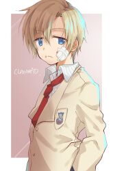 Rule 34 | 1boy, arm at side, bandaid, bandaid on face, blonde hair, blue eyes, border, brown background, clannad, closed mouth, commentary request, commission, copyright name, eyes visible through hair, frown, hair between eyes, highres, hikarizaka private high school uniform, jacket, jitome, long sleeves, looking at viewer, male focus, necktie, puya, red necktie, school uniform, short hair, simple background, solo, sunohara youhei, upper body, white border, yellow jacket