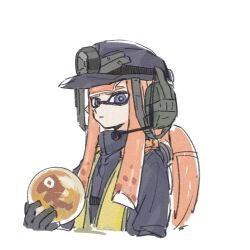Rule 34 | 1girl, :|, black gloves, black headwear, blue eyes, bright pupils, chinese commentary, closed mouth, duct tape, egg, film grain, gloves, headset, helmet, high-visibility vest, highres, holding, holding egg, inkling, inkling girl, inkling player character, long hair, nintendo, orange hair, pointy ears, salmon run (splatoon), searchlight, simple background, solo, splatoon (series), tentacle hair, thenintlichen96, vest, white background, white pupils
