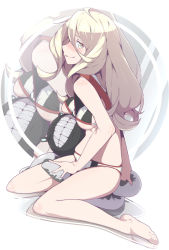 Rule 34 | 1girl, awachi, bare shoulders, barefoot, bikini, black bikini, blonde hair, breasts, closed mouth, commentary request, enemy naval mine (kancolle), full body, green eyes, hair between eyes, highres, kantai collection, long hair, looking at viewer, mole, mole under eye, mole under mouth, profile, revision, richelieu (kancolle), sitting, solo, swimsuit, tentacles, two-tone bikini, underboob, white bikini, zoom layer