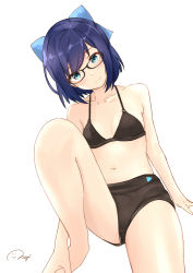 Rule 34 | 1girl, a-chan (hololive), aqua eyes, arm support, arms behind back, bikini, black-framed eyewear, black bikini, blue bow, blue hair, blush, bow, breasts, collarbone, cropped legs, duplicate, dutch angle, glasses, hair bow, hand on own foot, hand on own leg, hololive, looking at viewer, nagi (shunsuke-manage), navel, pixel-perfect duplicate, short hair, signature, simple background, sitting, small breasts, smile, solo, spread legs, swimsuit, thighs, virtual youtuber, white background