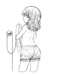 Rule 34 | 1girl, ass, bloomers, closed eyes, closed mouth, commentary request, cropped legs, greyscale, hair between eyes, highres, holding, holding clothes, komeiji koishi, long hair, looking at viewer, looking back, monochrome, naegi (naegidokoro), profile, simple background, solo, third eye, topless, touhou, underwear, underwear only, white background