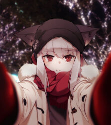 Rule 34 | 1girl, animal ear fluff, arknights, beanie, black hat, blurry, blurry background, blurry foreground, coat, depth of field, e-bushi, ears through headwear, fringe trim, frostleaf (arknights), fur-trimmed coat, fur trim, gloves, grey hair, hat, meme, open clothes, open coat, pov cheek warming (meme), red eyes, red gloves, red scarf, scarf, smile, solo, upper body, white coat