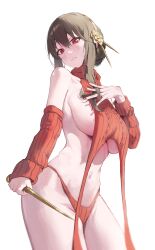 Rule 34 | 1girl, absurdres, artificial flower, bare shoulders, blush, breasts, chibi, closed mouth, cowboy shot, dotthebot, hairband, highres, large breasts, long sleeves, looking at viewer, nail polish, navel, panties, red eyes, red nails, red panties, revealing clothes, sideboob, sidelocks, simple background, smile, solo, spy x family, stomach, underwear, white background, yellow hairband, yor briar