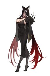 Rule 34 | 1girl, absurdly long hair, absurdres, animal ear fluff, animal ears, anklet, black choker, black coat, black dress, black gloves, black hair, black pantyhose, breasts, bridal gauntlets, choker, cleavage, coat, commentary, covered navel, crossed legs, curvy, dress, duto, full body, gloves, gradient hair, hair over one eye, high heels, highres, hobble dress, jewelry, large breasts, long hair, long legs, looking at viewer, mole, mole on breast, multicolored hair, nail polish, necklace, open mouth, original, pantyhose, red eyes, red hair, simple background, solo, stiletto heels, straight-on, streaked hair, symbol-only commentary, taut clothes, taut dress, teeth, tongue, tongue out, upper teeth only, very long hair, watson cross, white background, wolf ears