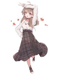 Rule 34 | 1girl, absurdres, ahoge, airenif, arm up, berry, black choker, brown eyes, brown footwear, brown hair, brown skirt, choker, earrings, food-themed earrings, full body, hand on own hip, high tops, highres, hololive, hololive english, jewelry, long hair, long skirt, looking at viewer, multicolored hair, nanashi mumei, nanashi mumei (casual), necklace, official alternate costume, plaid, plaid skirt, pleated skirt, red shirt, runes, shirt, shoes, skirt, sleeves past wrists, smile, sneakers, solo, streaked hair, sweater, v, virtual youtuber, white sweater