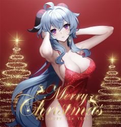 Rule 34 | 1girl, ahoge, alternate costume, ankkoyom, armpits, bare shoulders, bell, blue hair, breasts, cleavage, collarbone, dress, earrings, ganyu (genshin impact), genshin impact, goat horns, highres, horns, jewelry, large breasts, long hair, looking at viewer, low ponytail, purple eyes, red dress, solo, thighs