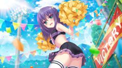 Rule 34 | 1girl, aqua eyes, ass, banner, bare shoulders, black skirt, blue hair, blue sky, blurry, blurry foreground, blush, breasts, cheerleader, confetti, day, dot nose, embarrassed, film grain, from below, game cg, honjou kasumi, izumi tsubasu, lens flare, looking at viewer, looking back, medium breasts, medium hair, midriff, miniskirt, mountainous horizon, navel, non-circular lens flare, non-web source, official art, open mouth, outdoors, pole, pom pom (cheerleading), re:stage!, skirt, sky, solo, sparkle, stadium lights, string of flags, sun, sunlight, thighhighs, thighs, tree, white thighhighs, zettai ryouiki