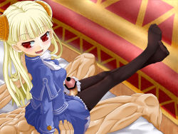 Rule 34 | 1boy, 1girl, bed, blonde hair, blush, bow, breasts, capcom, capcom fighting jam, censored, clothed female nude male, fang, feet, femdom, girl on top, hetero, ingrid (capcom), looking back, no shoes, nude, pantyhose, poncocchan, red eyes, rubbing, sitting, sitting on person, thigh sex, thighs