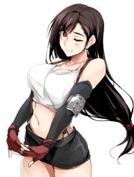 Rule 34 | 1girl, ;d, arm warmers, black hair, black skirt, blush, breasts, cleavage, closed mouth, cowboy shot, crop top, final fantasy, final fantasy vii, gloves, interlocked fingers, large breasts, long hair, looking at viewer, low-tied long hair, miniskirt, navel, one eye closed, open mouth, red eyes, red gloves, shirt, simple background, skirt, smile, solo, suspender skirt, suspenders, tifa lockhart, white background, white shirt, zekkyon