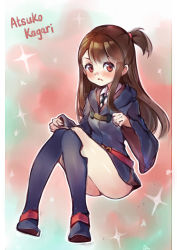 Rule 34 | 10s, 1girl, bad id, bad pixiv id, belt, blush, boots, brown hair, character name, dianche miao (18826), dress, full body, highres, kagari atsuko, little witch academia, long hair, looking at viewer, red eyes, short dress, solo