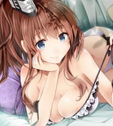 Rule 34 | 10s, 1girl, akatsuki hijiri, blue eyes, bra, breasts, brown hair, closed mouth, collarbone, hand on own chin, kantai collection, large breasts, long hair, looking at viewer, lowres, lying, on bed, on stomach, panties, ponytail, saratoga (kancolle), side ponytail, smile, smokestack hair ornament, solo, strap pull, underwear, white bra, white panties